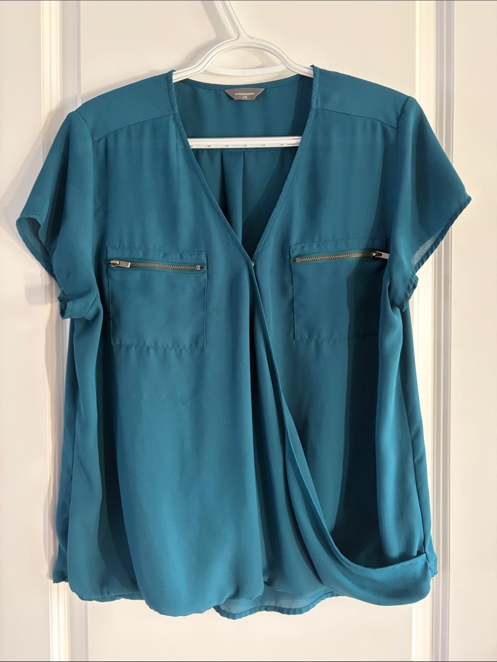 Denver Hayes Teal Draped Faux-Wrap Short Sleeve Blouse.